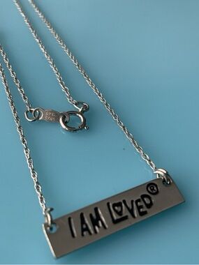 Vintage Sterling Silver I Am Loved Bar Engravable Pendant 18" Necklace w/ CZ